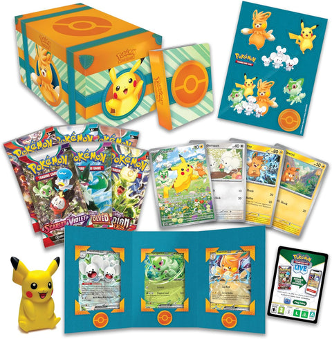 Pokémon Paldea nuotykių skrynia: 6 pakeliai, promo kortos, Pikachu žaislas