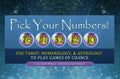 knyga Pick Your Numbers – mėlynas viršelis su žvaigždėtu fonu, penkios numeruotos ženkliukai (76,51,32,12,10) ir subtitrai apie taro, numerologiją ir astrologiją