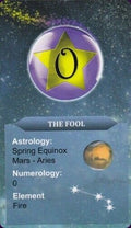 tarot korta The Fool su violetiniu žvaigždės simboliu, astrologija: pavasario lygiadienis, Marsas (Avinas), numerologija 0, elementas Ugnis