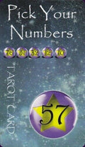 tarot korta Pick Your Numbers su violetiniu žvaigždės ženklo disku, dideliu skaičiumi 57 ir penkiais mažais numeriais viršuje