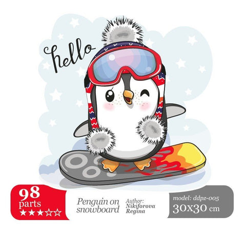 Wizardi: Pinguin on a snowboard - unikali MEDINĖ dėlionė iš 98 detalių - HOBI.LT 🇱🇹