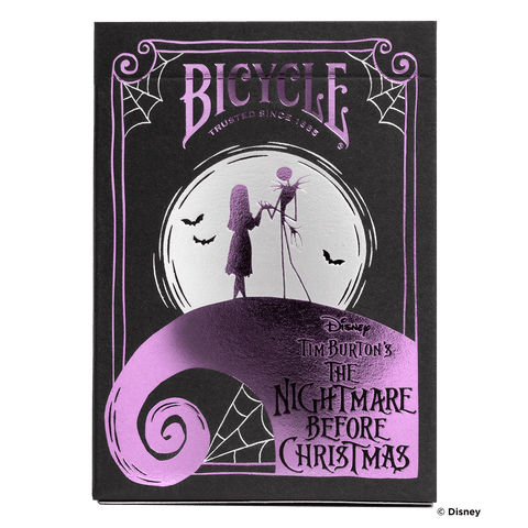 Bicycle kortų kaladė Disney Tim Burton's The Nightmare Before Christmas, juoda su violetiniu folijos reljefu ant pakuotės priekinio dizaino