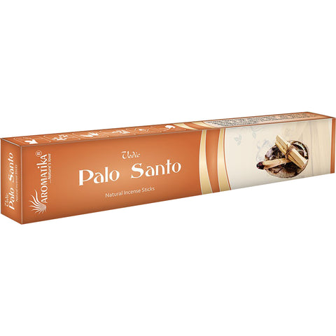 Palo Santo smilkalai (Aromatika), oranžinė ilga dėžutė kampiniu rakursu, natūralios smilkalų lazdelės pakuotėje