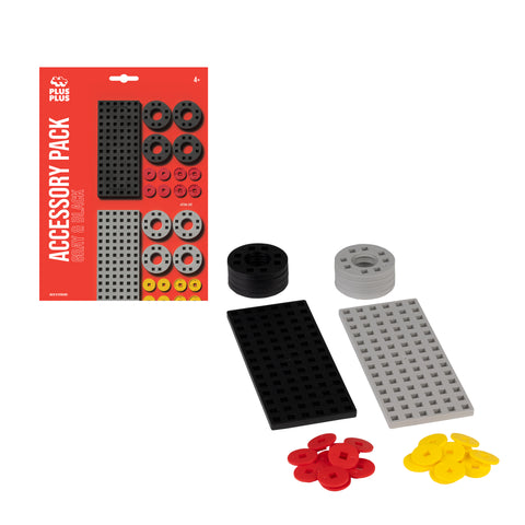 Plus-Plus mini 20 mm aksesuarų rinkinys pilka–juoda: ratai, centriukai, pagrindai