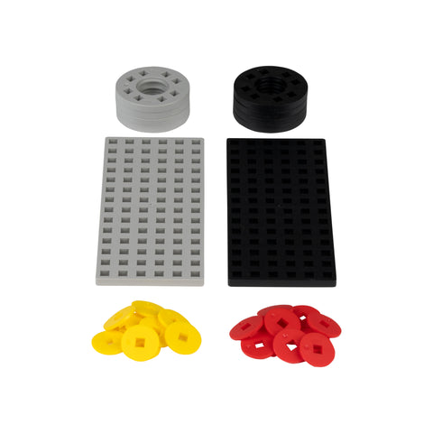 Plus-Plus mini 20 mm aksesuarų rinkinys pilka–juoda: ratai, centriukai, pagrindai