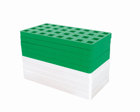Plus-Plus konstruktoriui didelių detalių pagrindukai – 10 vnt., baltos/žalios, 16×8 cm, vaikams 1–6 m.