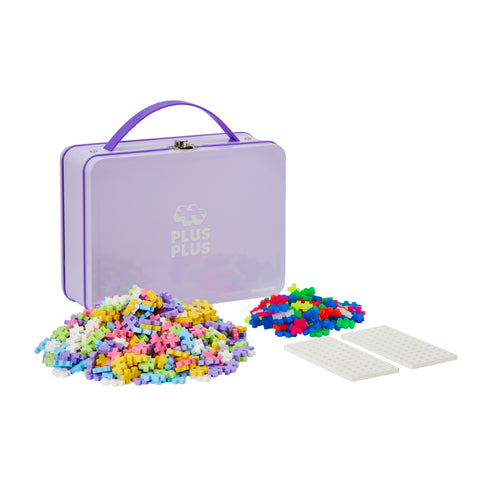 Plus-Plus Mini konstruktorius 600 det. – pastelinės ir neoninės spalvos, metalinis lagaminas, pagrindas 12×12 cm