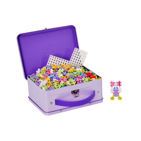 Plus-Plus Mini konstruktorius 600 det. – pastelinės ir neoninės spalvos, metalinis lagaminas, pagrindas 12×12 cm