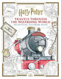Spalvinimo knyga Harry Potter, oficialus priekinis viršelis su raudonu‑pilku Hogwarts Express traukiniu, ženklu Platforma 9¾ ir šluota