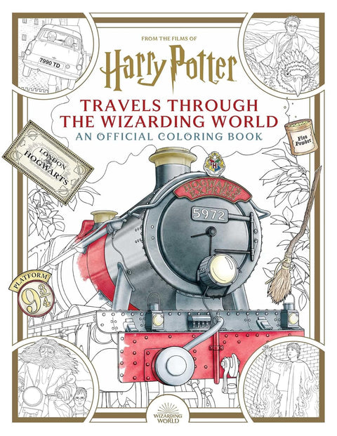 Spalvinimo knyga Harry Potter, oficialus priekinis viršelis su raudonu‑pilku Hogwarts Express traukiniu, ženklu Platforma 9¾ ir šluota