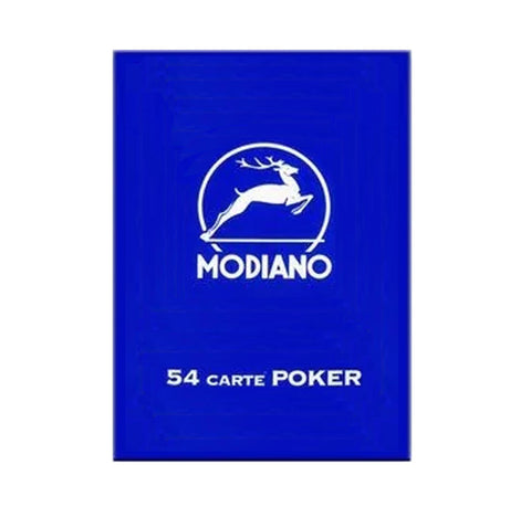 Pokerio kortos Modiano, mėlyna dėžutė su bėgančio elnio logotipu, 54 kortų rinkinys standartiniu Poker dydžiu ir nugarėle