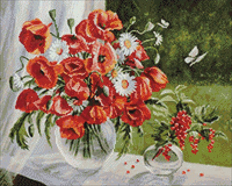 Siuvinėjimo rinkinys su raudonomis aguonomis ir margomis ramunėmis vazone, detalus 40×30 cm mozaikinis dizainas