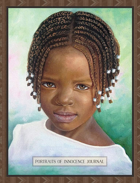Dienoraštis su „Portraits of Innocence“ viršeliu — arti priartinta mergaitės portreto iliustracija su kasytėmis ir žaliu fonu
