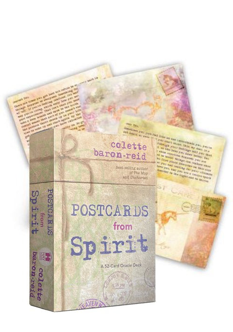 Orakulo kortos Postcards from Spirit Colette Baron‑Reid, pastelinė dėžutė su išsiskleidusiomis atvirukų kortomis