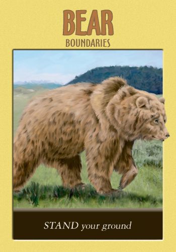 Plakatas Bear Boundaries: rudas lokys vaikščioja pievoje, motyvuojantis užrašas „Stand your ground“, interjero akcentas