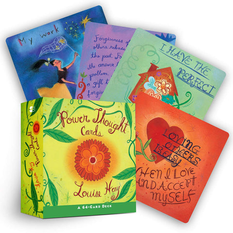 Power Thought Cards kortų rinkinys Louise Hay — geltonai žalia 64 kortų dėžutė su keliomis spalvotomis įkvepiančiomis kortomis