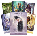 Orakulo kortos Practical Magic su violetine mėnulio viršeliu ir keliomis spalvotomis iliustruotomis kortelėmis, parodytomis išsidėsčiusios fanu