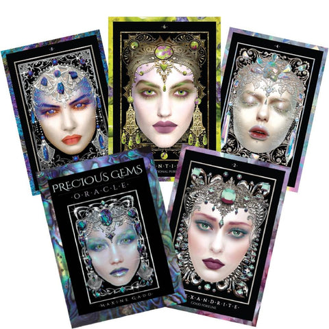Precious Gems oracle kortos komplektas su dėžute ir penkiomis ornamentuotomis veidų kortomis, juodi rėmai ir perlamutriniai akcentai