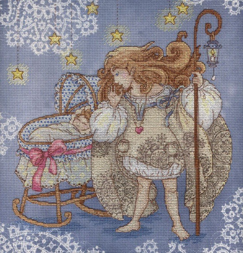 Siuvinėjimo rinkinys - mėlynas senovinio angelo prie lopšelio motyvas su žvaigždėmis ir nėrinių rėmu