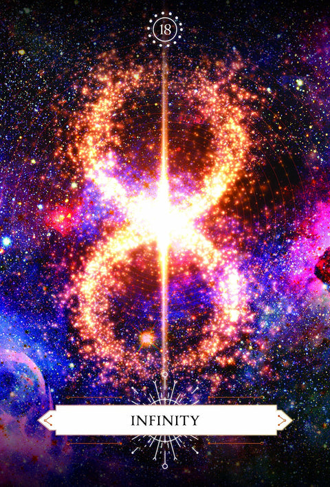 Tarot korta Infinity – auksinės spindinčios begalybės simbolis ant spalvoto kosminio fono, vertikalus variantas