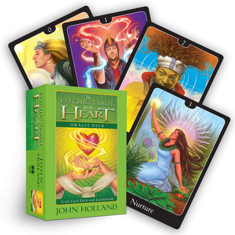 Tarot kortos Psychic Tarot for the Heart (John Holland) — žalia dėžutė su 65 kortomis ir fanuotais kortų iliustracijomis