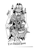 tarot korta Hierophant juodai baltas pieštinis pilnas priekinis planas su sėdinčiu hierofantu, ornamentais ir šunimi
