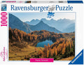 Dėlionė Ravensburger 1000 detalių, rudeninė alpiško ežero panorama su aukso spalvos medžiais ir kalnais