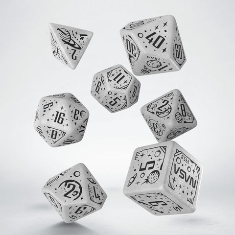 Apollo kosmoso RPG kauliukų rinkinys – 7 vnt., balti su juodais raižiniais