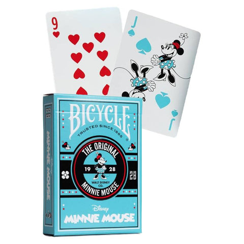 Bicycle Minnie Mouse kortos, turkio spalvos dėžutė su originaliu Minnie logotipu ir dviem atverstomis kortomis, rodančiomis 9 širdžių ir J vynio spalvos ženklais