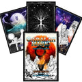 Qabalah Magic orakulo kortos — dėklas su oranžine liepsnos viršute ir trys skirtingos išskleistos kortos fone
