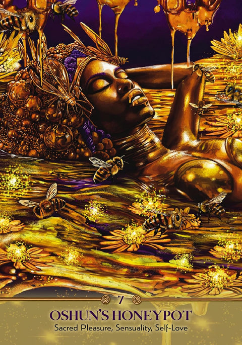 Korta Oshun's Honeypot: auksinė moters figūra su bitėmis ir tekančiu medumi, orakulo kortų iliustracija, sensuali tema