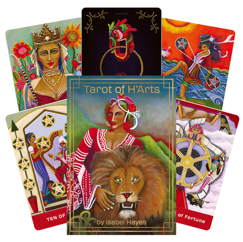 Tarot kortos Tarot of H'Arts — dėžutės viršelis su moterimi ir liūtu, fanuotos spalvotos pavyzdinės kortos šalia, pilnas rinkinys