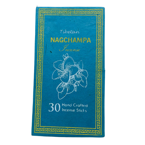 Nagchampa smilkalai mėlynoje tibetietiškoje pakuotės priekinėje dalyje, 30 rankų darbo incense lazdelių pakuotė