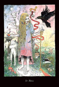 Tarot korta Anu, numeris 3 — pastelinių spalvų iliustracija priekinio plano su mergina, gyvūnais ir raguotu simboliu