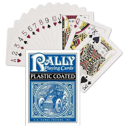 Kortų kaladė Rally, plastikiniu sluoksniu apsaugota, mėlynos nugarėlės, standartinio dydžio pokerio kortos su matomais veidais