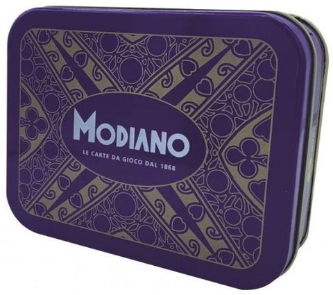 Modiano kortų dėžutė violetinė metalinė skardinė su auksiniu ornamentu, uždaryta ir kompaktiška kelionėms