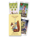Taro kortos The Fairy Tarot su geltona dėžute, iliustruotos pasakų žanro kortos ir trys pavyzdinės kortos