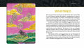 Tarot korta Septyni pentakliai su rožiniu debesų fonu, geltonais pentakliais kabant virš juodos varnos ir žalios pievos