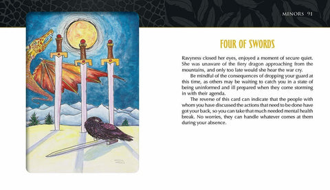 Keturi kalavijai tarot korta, akvarelinis iliustracija su raudonu drakonu, dideliu mėnuliu ir ant sniego tupinčiu varnu