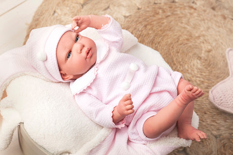 Kolekcinė rankų darbo Reborn lėlė 40 cm su rožiniais rūbeliais – ARIAS