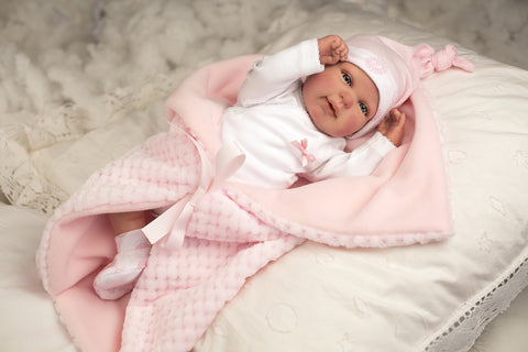 Kolekcinė realistinė Reborn lėlė ARIAS 45 cm su rožiniu pleduku ir žinduku