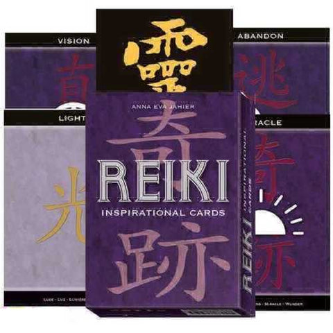 Reiki kortos, violetinė dėžutė su sidabriniu logotipu, komplektas su trimis demonstracinėmis kortomis iš priekio
