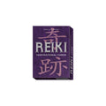 Reiki kortos (Anna Eva Jahier) purpuriniame dėkle, matomas dėklas iš priekio ir šono, 44 įkvėpimo kortų komplektas