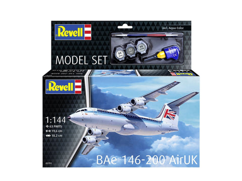 Revell BAe 146-200 AirUK lėktuvas 1/144 – dovanų rinkinys su dažais ir klijais
