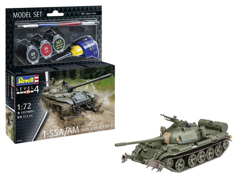 Revell T-55A/AM tanko rinkinys su KMT-6/EMT-5 1/72, dažai ir klijai