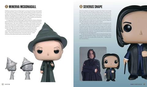 Minerva McGonagall Funko Pop 10 cm ūgio, žalia kepurė ir juodas apsiaustas, rodoma iš priekio ir šono, matmenų palyginimas su Severus Snape figūra