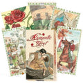 Romantic Tarot taro kortų rinkinys su retro akvarelės dizainu, dėžutė priekyje ir išskleistos pavyzdinės kortos