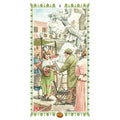 tarot korta, akvarelinis miesto turgus su moterimi parduodančia obuolius prie fontano, vertikalus spaudinys