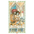 tarot korta Devynios taurės – akvarelinis iliustravimas su kaukėtais veikėjais, auksinėmis taurėmis, balandžiais ir ornamentiniu rėmu