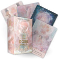 Oracle kortos The Rose Oracle rinkinys su 44 kortomis ir vadovu, rožinė-pastelinė iliustracija ant dėžutės ir išfaneruotų kortų